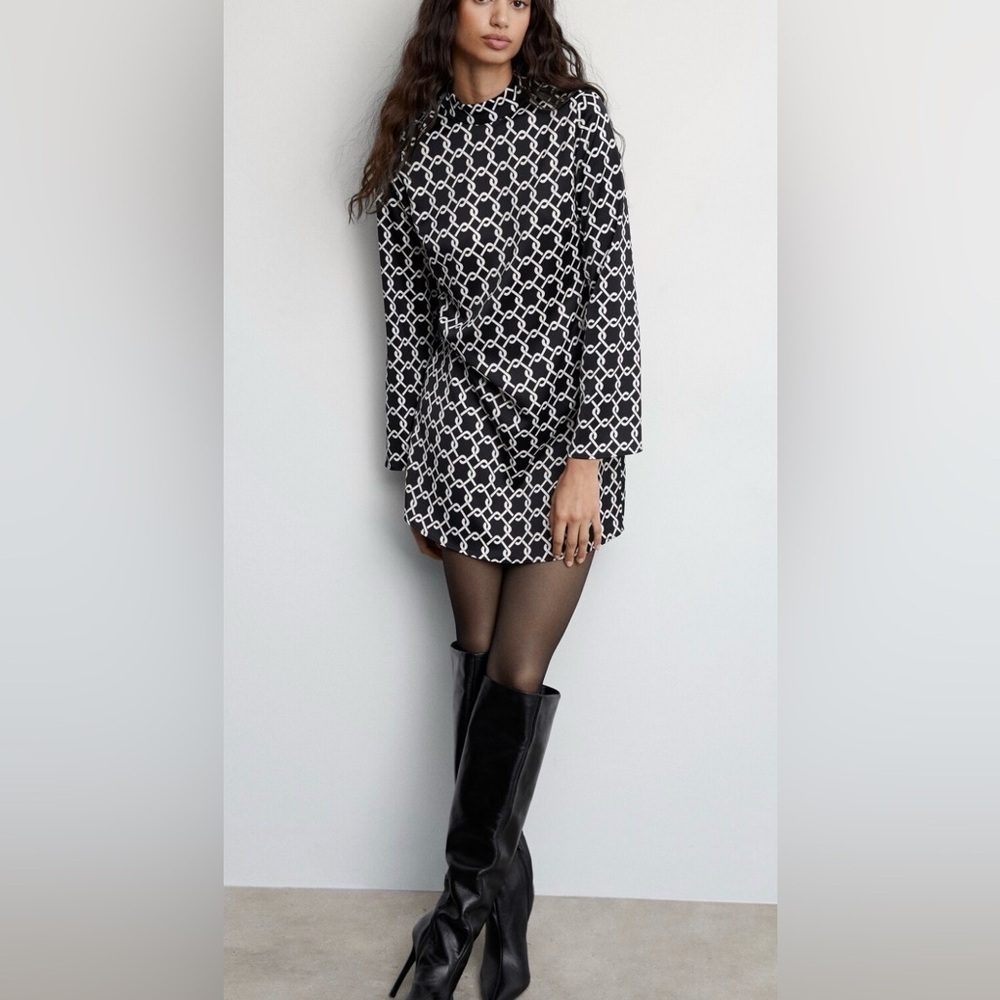 NWT MNG Mango Black High Neck Long Sleeve Retro Chain Print Mini Dress Size SML